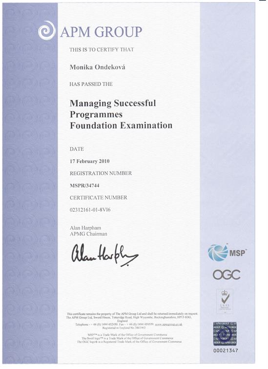 certifikát Managing Successfull Programmes - MSP Foundation Monika Ondeková